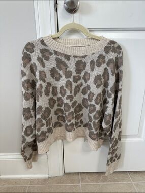 American Eagle Outfitters Beige and Brown Leopard Crewneck Sweater